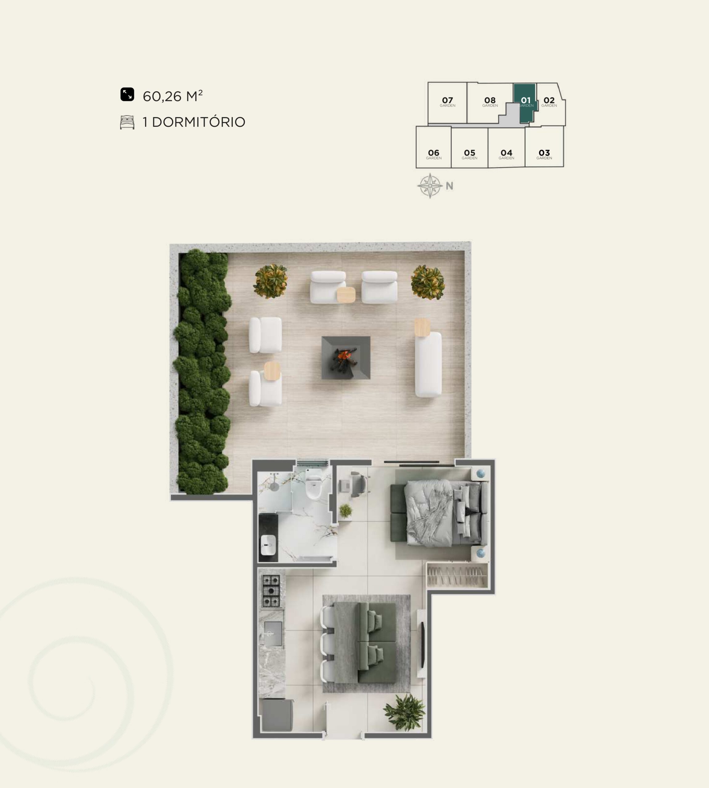 1 Dormitório - Garden-01-60m