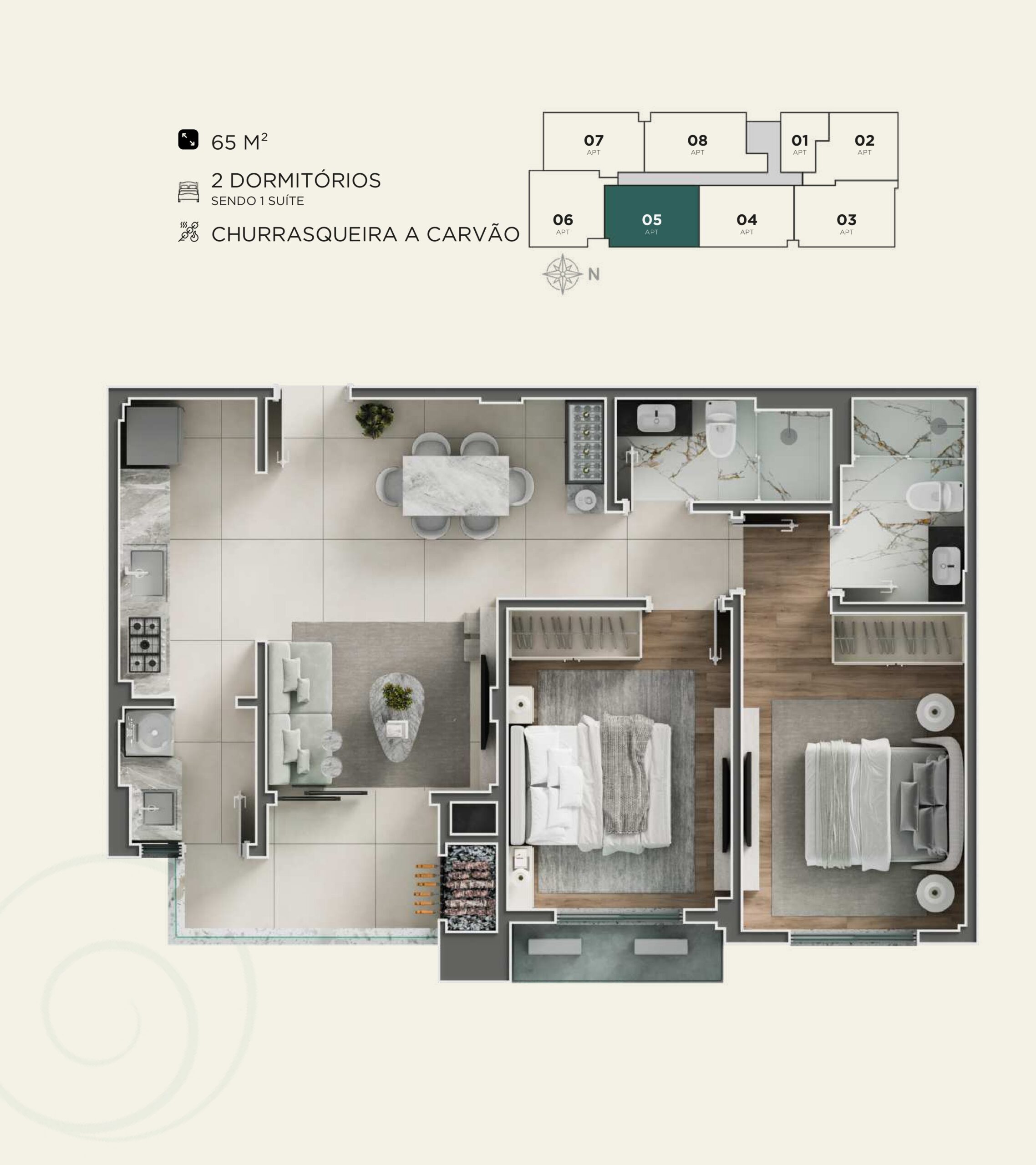 2 Dormitórios - 1 Suíte -05-65m